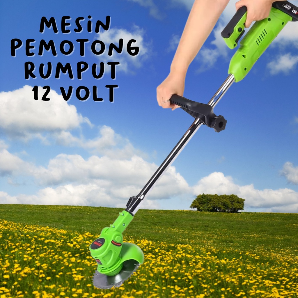 Mesin Potong Rumput 12V Cordless Lawn Mower Electric Grass Trimmer with Li-ion Batteries green