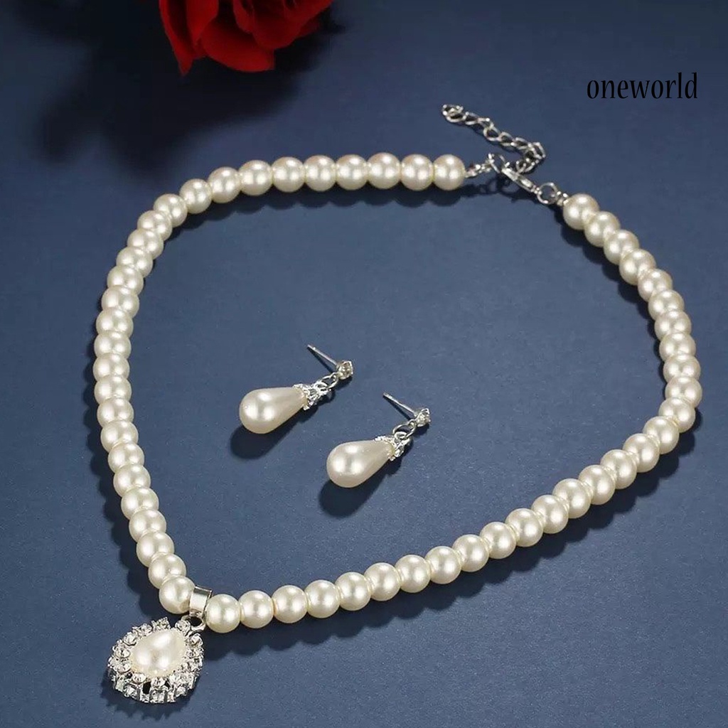 OW@ Water Drop Shape Pendant Faux Pearl Beaded Necklace Earrings Bridal Jewelry Set