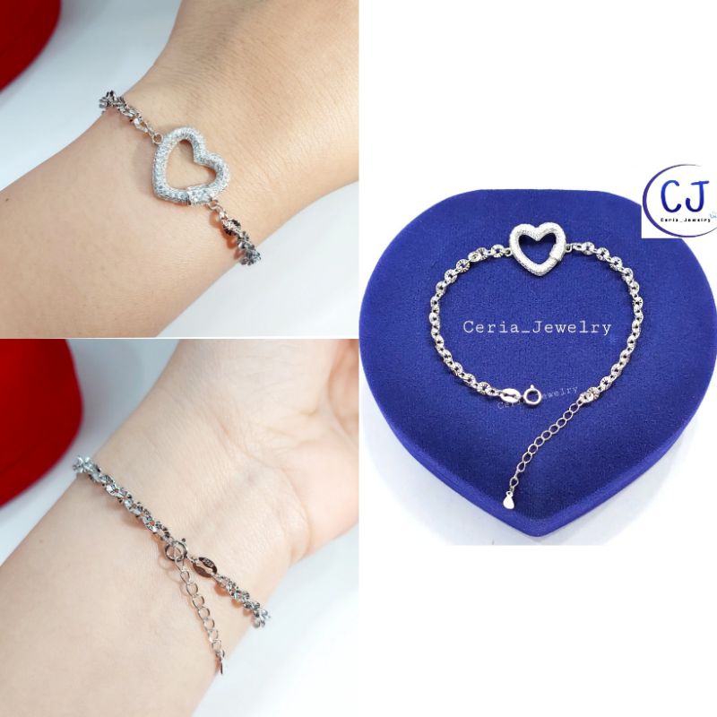 Gelang Perak Asli Silver Wanita 925 Lapis Emas Putih Model Love - Perhiasan Perak Wanita