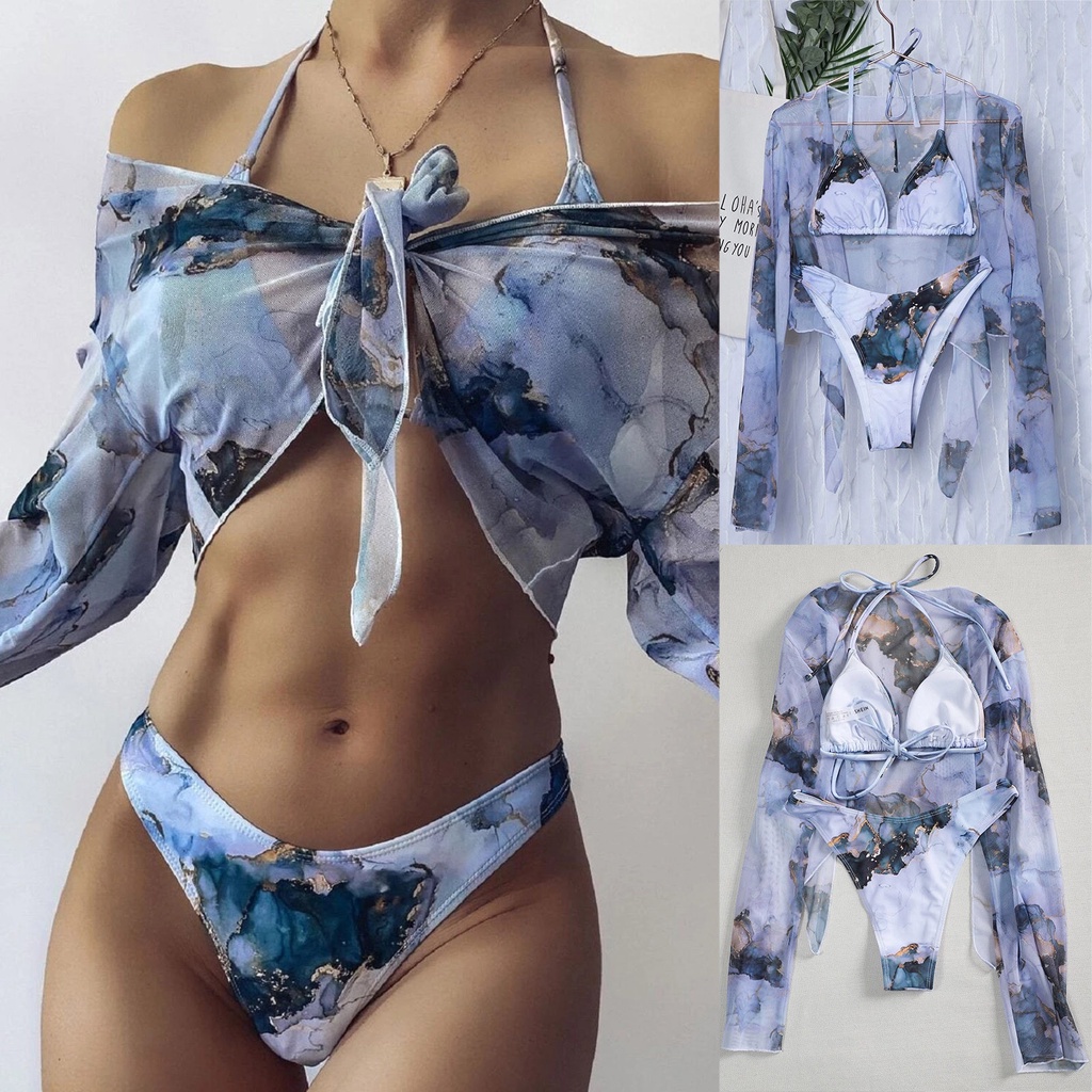 Bikini Swimsuit Baju Renang Three Piece Wanita Outer Lengan Panjang Transparan Import Fashion Bikini Dalika