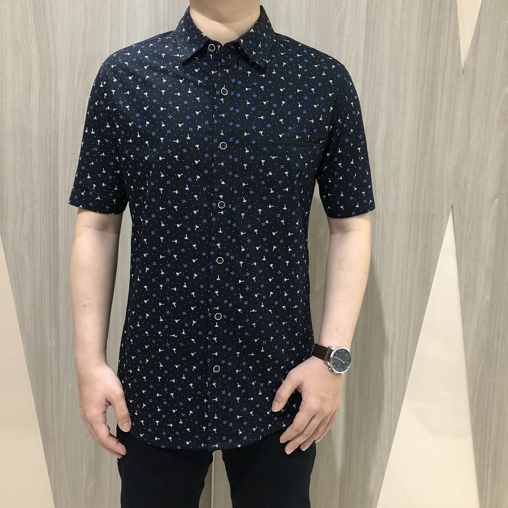 [GRIDLINE - S112 Navy &amp; Black] Kemeja Slimfit Pria Katun Lengan Pendek M-XXL