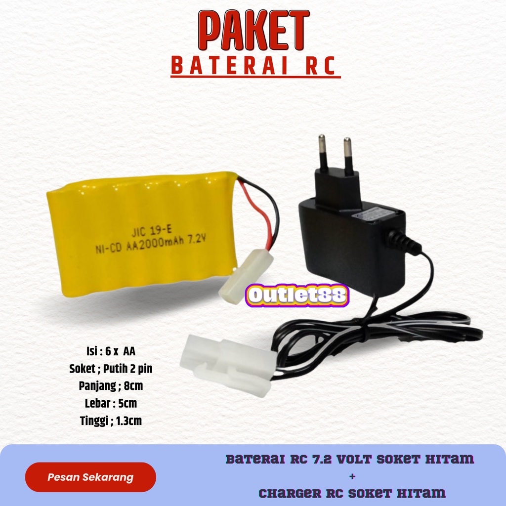 Paket Charger Adaptor dan Baterai Mobil Remote Control RC 6AA Ni-Cd 7.2v 2000mAh Socket Putih 2pin B