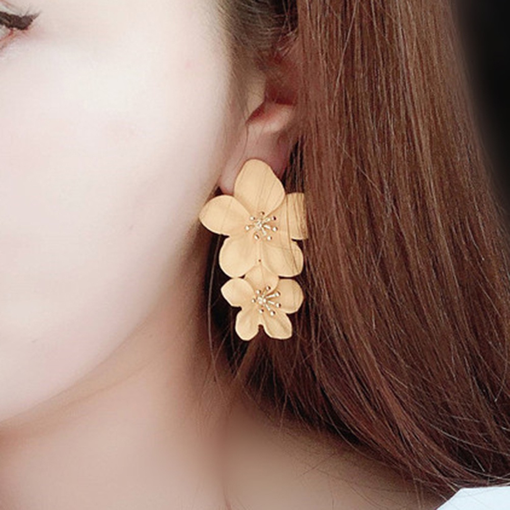 Hu Hu Hu Hu Hu Alat Bantu Pasang Kacamata♡ Anting Tusuk Gantung Wanita Desain Bunga Ganda Warna Polos Untuk Pesta