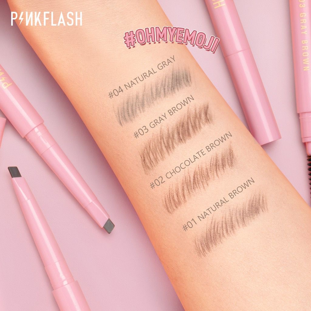 Pinkflash OhMyEmoji Automatic Eyebrow Pen Pencil Lasting 8 jam PFE09 Waterproof Pigmented Easy Blend Soft Durable Fiber Rotating Brush Pensil Alis Halis