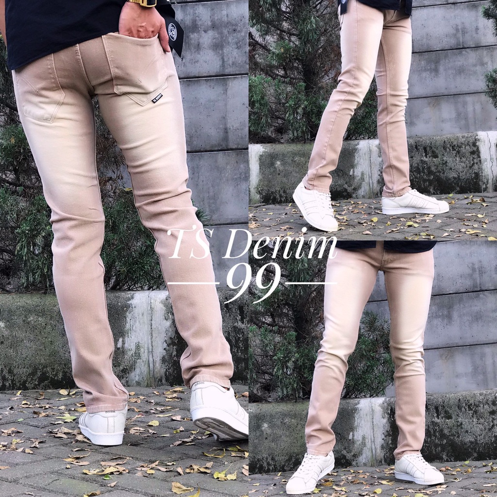 Celana jeans stretch pria slimfit warna Cream Size S M L XL - Slimfit jeans pria