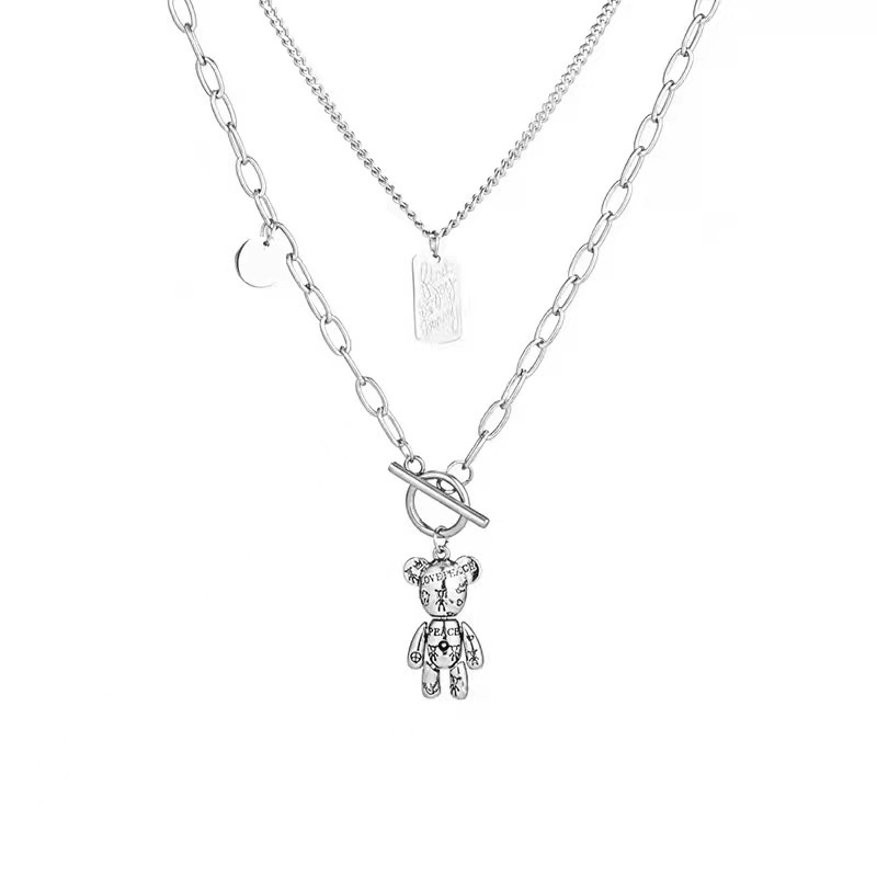 Eropa dan Amerika double-layer kalung wanita bear titanium steel rantai sweater wanita keren hip hop