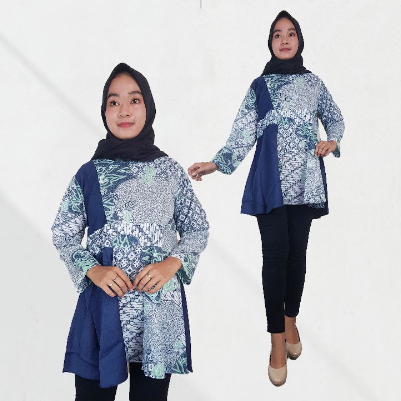 Blus Batik Panjang Kombinasi Moscrepe