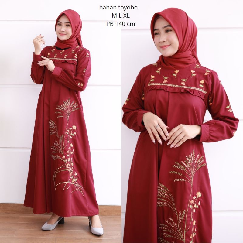 ZAJA - Baju Gamis Motif Bordir Bunga Padi Terbaru / Gamis Katun Toyobo Polos Bordir Mewah 2022 / Dress Muslim Katun Toyobo Bordir Kembang / Gamis Bordir Jumbo / Dress Big Size Bordir Cantik