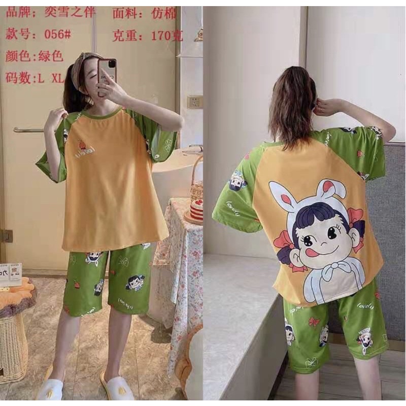 PIYAMA KAOS SPANDEX PREMIUM BAJU TIDUR STRECH OVERSIZE PAJAMAS KAOS SET CELANA 7/8 MOTIF CUTE