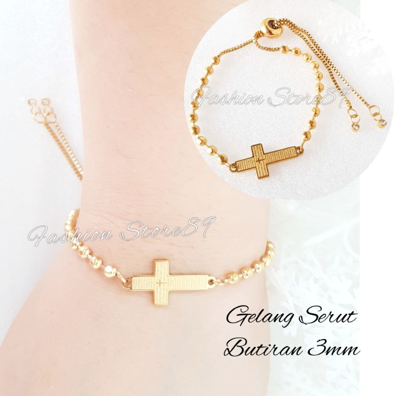 Gelang Serut Rosario Bahan Titanium Antikarat gold fashion rohani motif Bunda Maria Benediktus Salib