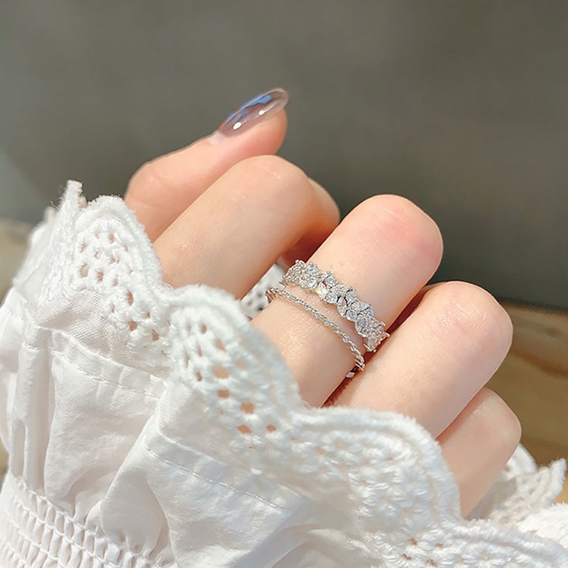 Cincin Model Terbuka Desain Daun Lapis Ganda Bahan Zirkon Warna Silver Gaya Korea