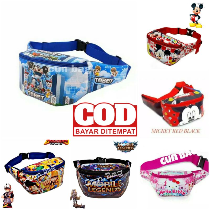 Cod bayar di tempat | tas waistbag anak full print karakter kartun murah / real pict