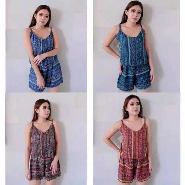 Sweet Honey ~ Jumpsuit Pendek Kipir Cipir Bali Kirana Jamsut Pendek Motif Etnik dan Bunga [Bisa COD]