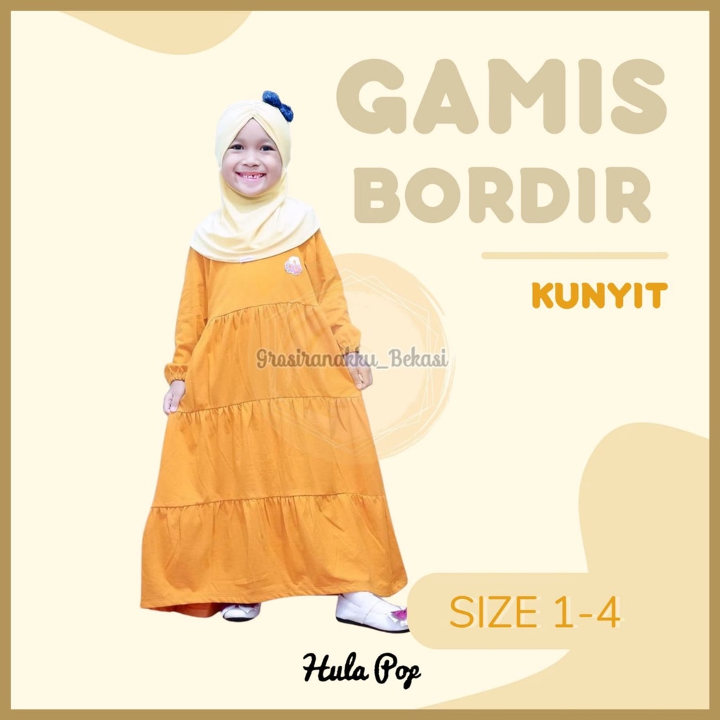 Gamis Kaos Anak Aplikasi Bordir Warna Kuning Kunyit Size 1-4Tahun