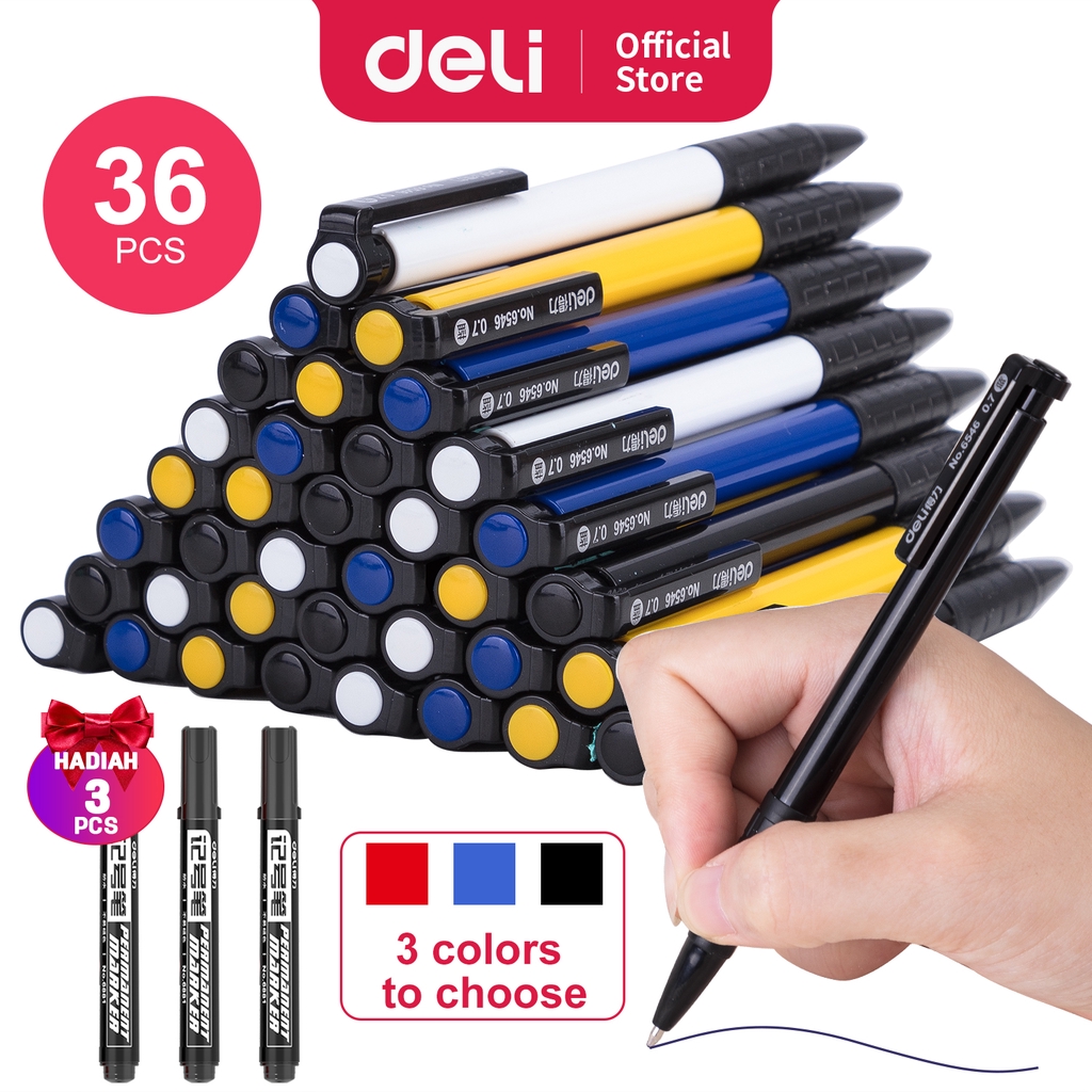 Deli Pulpen  Retractable 0 7mm 36pcs Box Warna Hitam Biru 