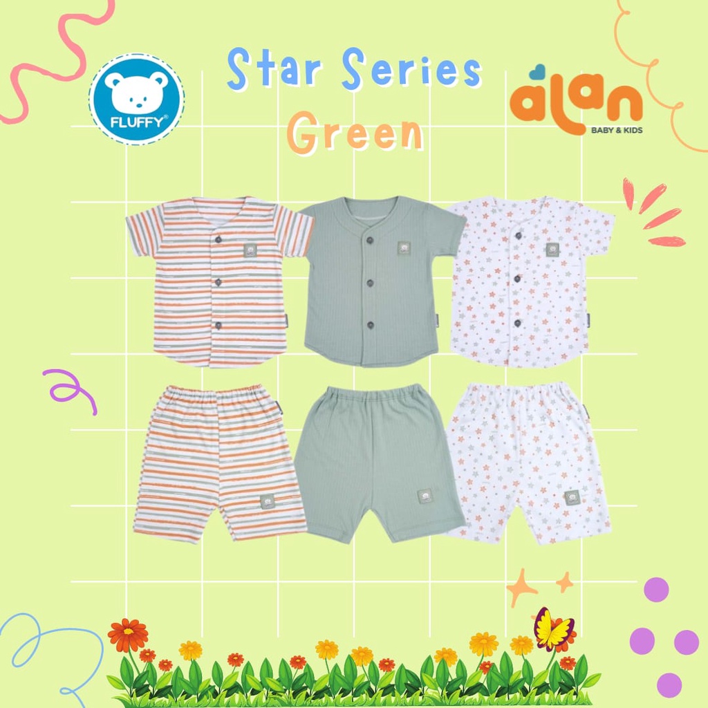 Fluffy Stelan Kancing Depan Lengan Pendek Celana Pendek isi 3 - Star Series Green (FY-SBD3)