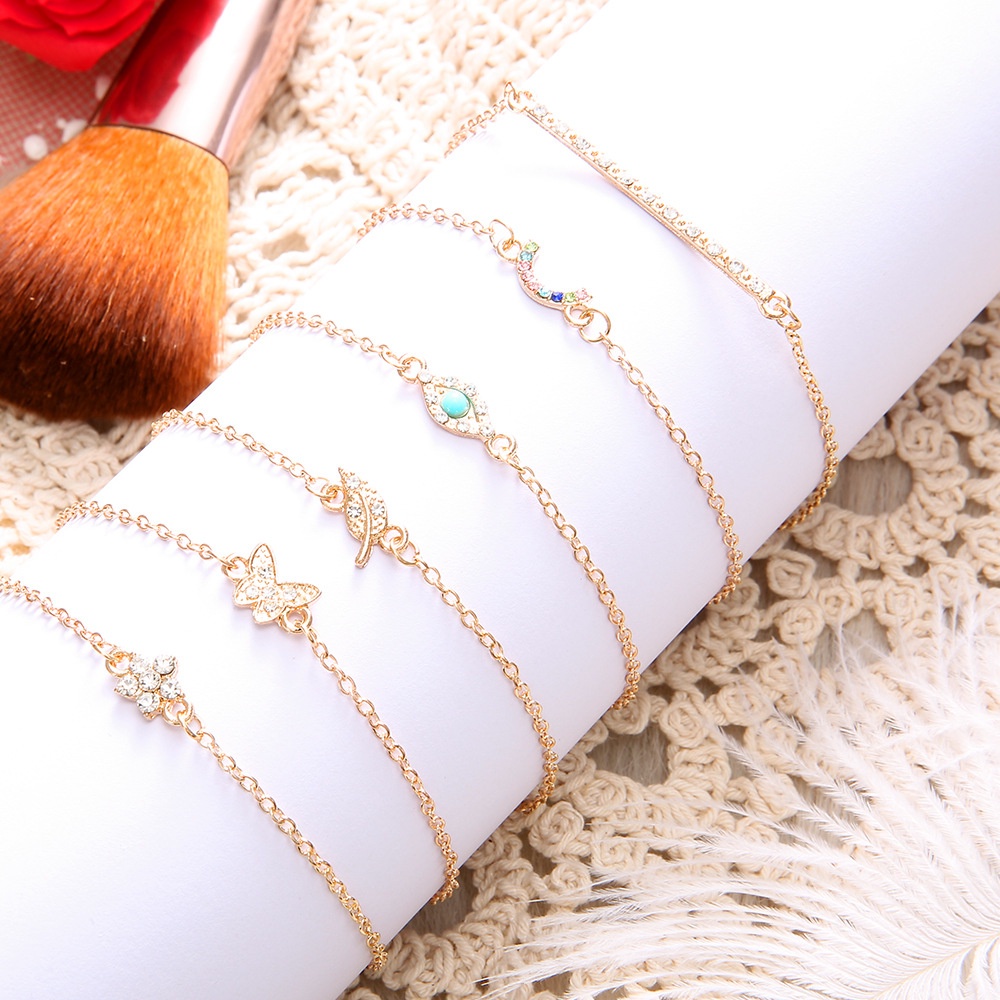 6pcs / Set Gelang Desain Kupu-Kupu Daun Mata Turquoise Aksen Berlian Gaya Simple Untuk Wanita