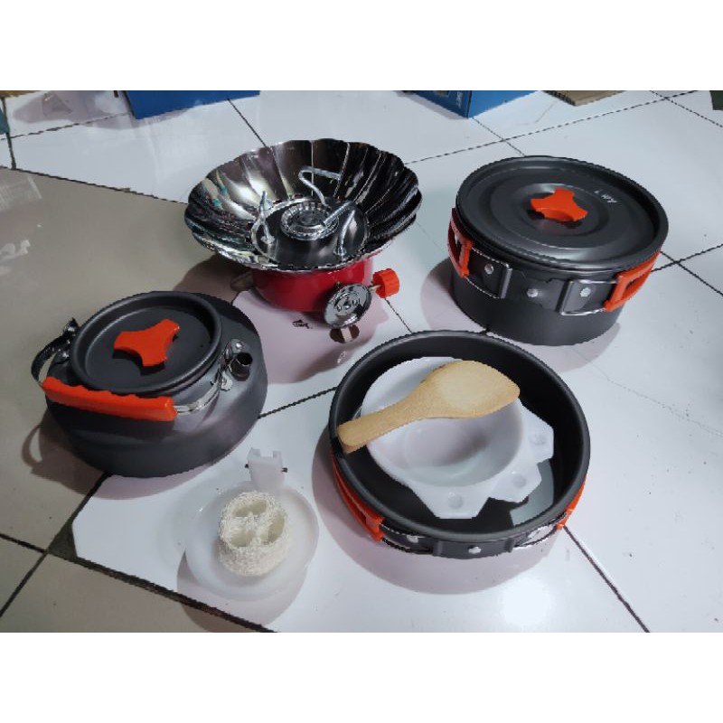 Cooking Set Plus Teko DS-308 &amp; Kompor Mawar Nesting Ceret Camping Outdor