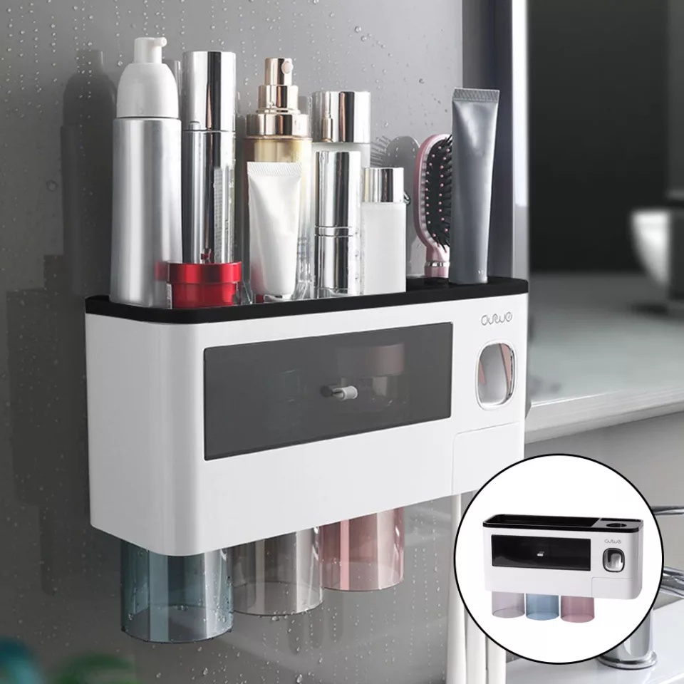 Wall Storage For Toothbrush / Rak Dispenser Odol / Tempat Sikat Botol Sabun Dilengkapi 3 Gelas - Black