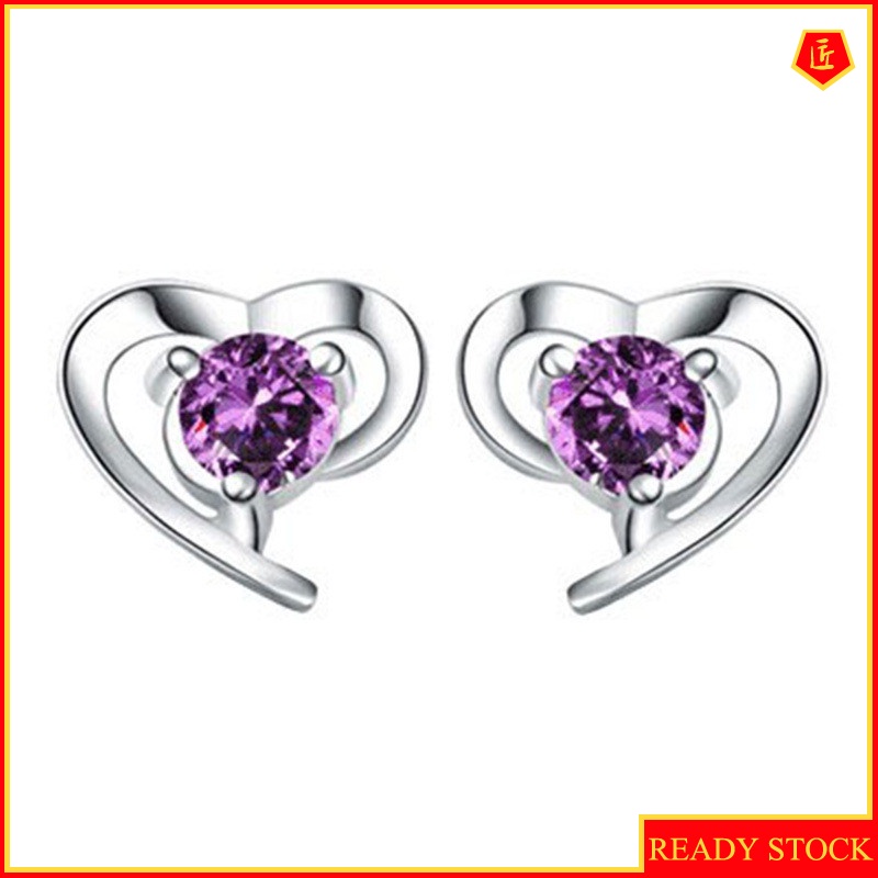 [Ready Stock]Cute Heart Shape Fashion Amethyst Stud Earrings