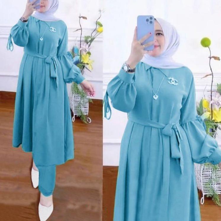 (PALING DICARI!!) Setelan tunik kekinian/one set tunik/long tunik wanita/setelan polos/baju