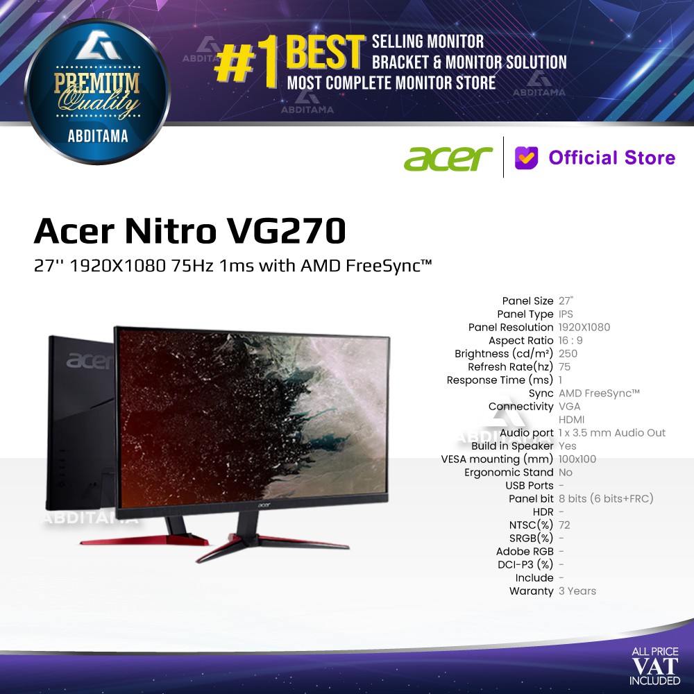 Monitor LED Gaming ACER NITRO VG270 27&quot; 1920x1080 75Hz 1ms IPS HDMI VGA DP Thinly Design