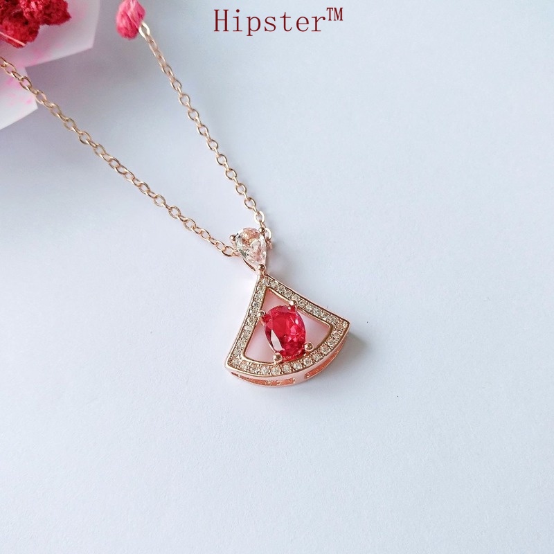 Retro Graceful Personality Fan-Shaped Ruby Pendant Full Diamond Light Luxury Hollow Necklace