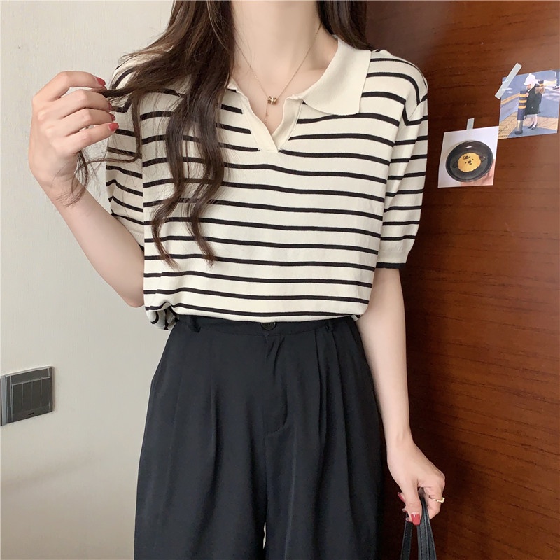 Atasan Rajut Wanita Lengan Pendek Stripe Shirt