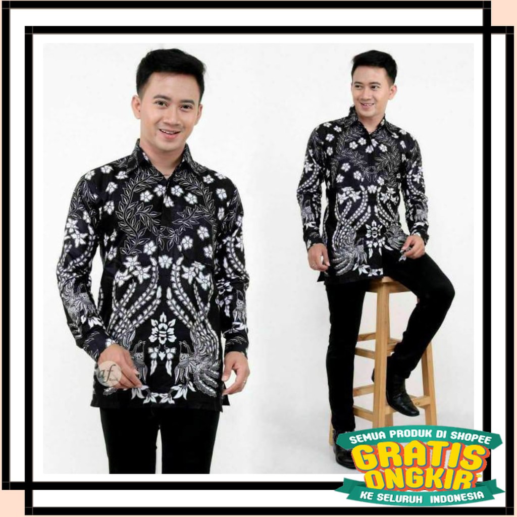 BATIK SEMARANG MURAH - TERBARU TERKINI / Kemeja Batik Pria Lengan Panjang sogan burung abu-abu