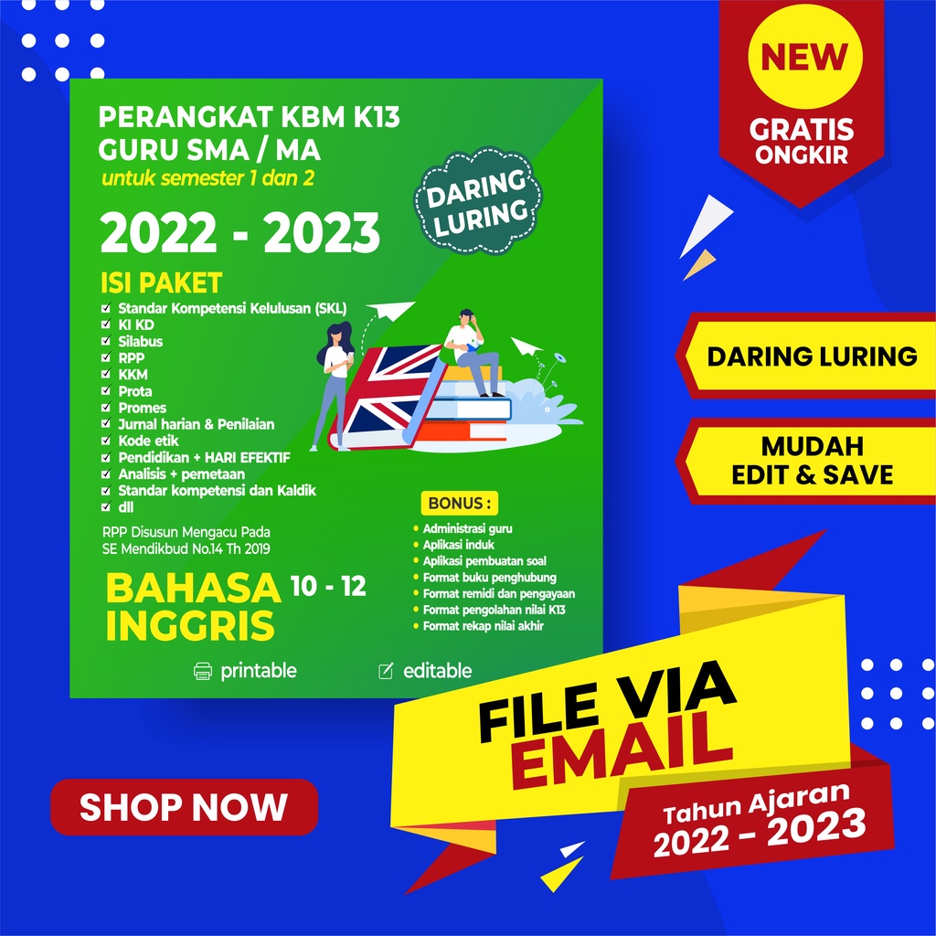 RPP BAHASA INGGRIS SMA FORMAT 1 LEMBAR K13 KELAS 10, 11, 12 REVISI TERBARU 2022 DARING LURING