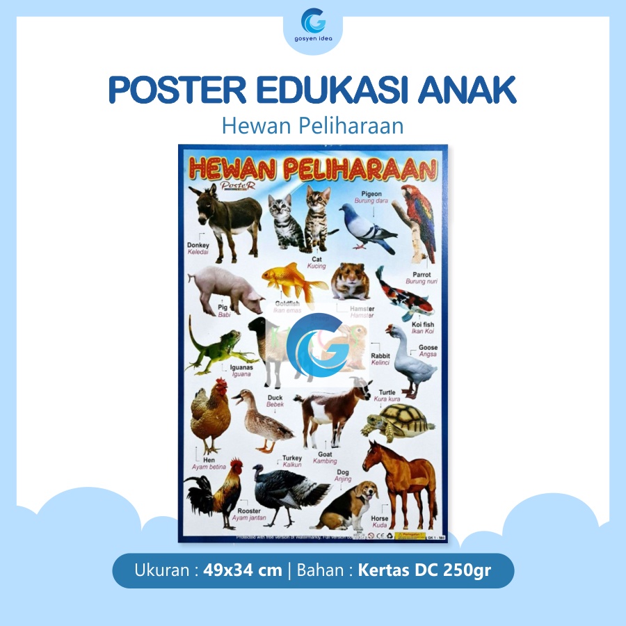 Poster Dinding Pendidikan Edukasi Anak Belajar Gambar Hewan Peliharaan
