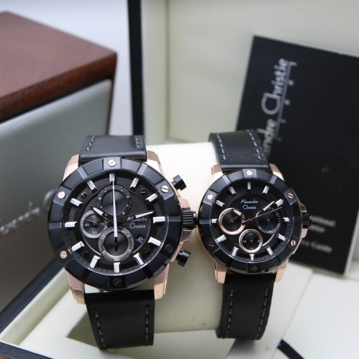 Jam Tangan Couple Alexandre Christie  AC 6609 AC6609 RoseGold Black Leather Original