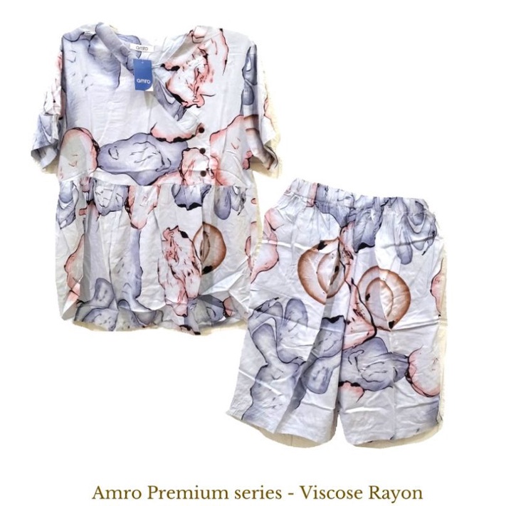 Piyama Rayon Amro Viscose Full Kancing Busui Celana Pendek 3/4 XL L M One set setelan Baju tidur 110
