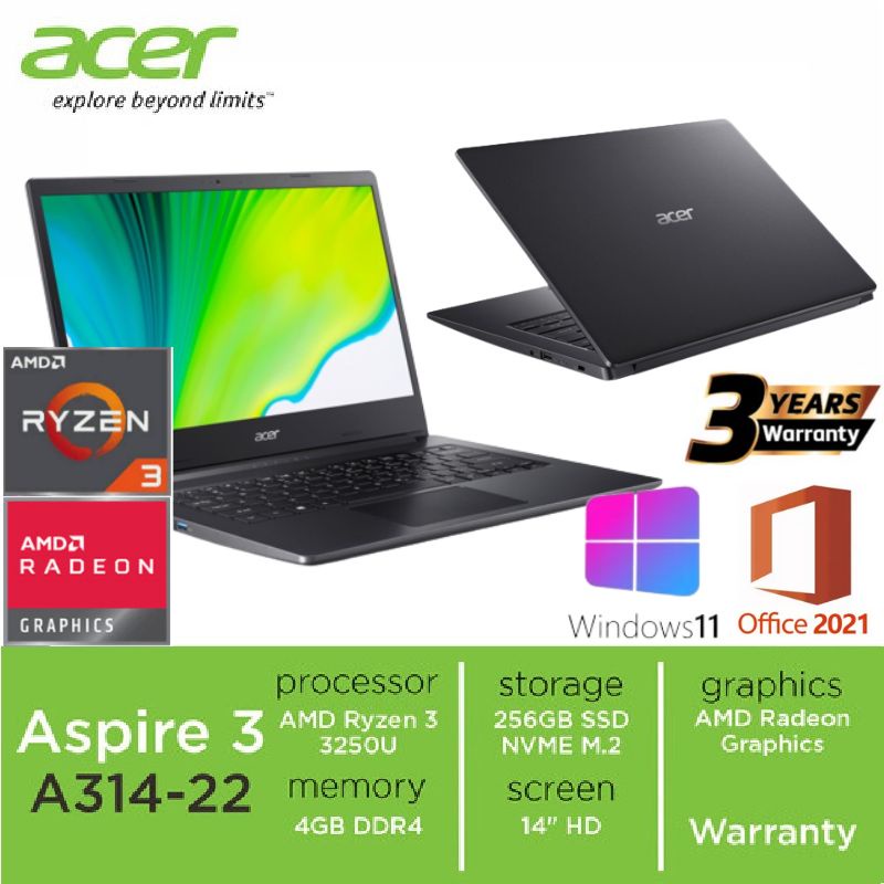 ACER Aspire 3 Slim A314-22-R3RG [14"HD/Ryzen 3-3250U/4GB/SSD 256GB/Windows 11+OHS/BLACK]