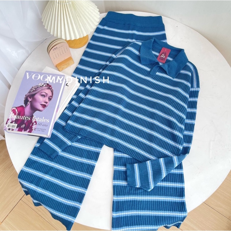 Maula One Set - Stelan Rajut Wanita Motif Stripe