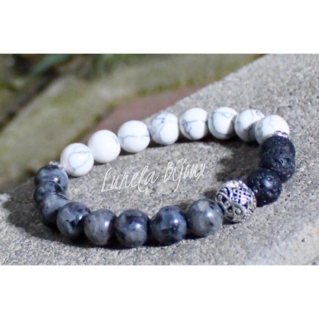 Gelang Batu Alam Larvakite Labradorite, White Howlite and Lava Stone with silver ball spacer