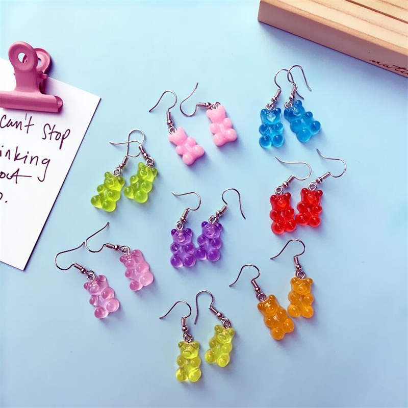 1 Pasang Anting Kait Gantung Wanita Desain Beruang Gummy Hias Kristal Warna Permen Untuk Hadiah