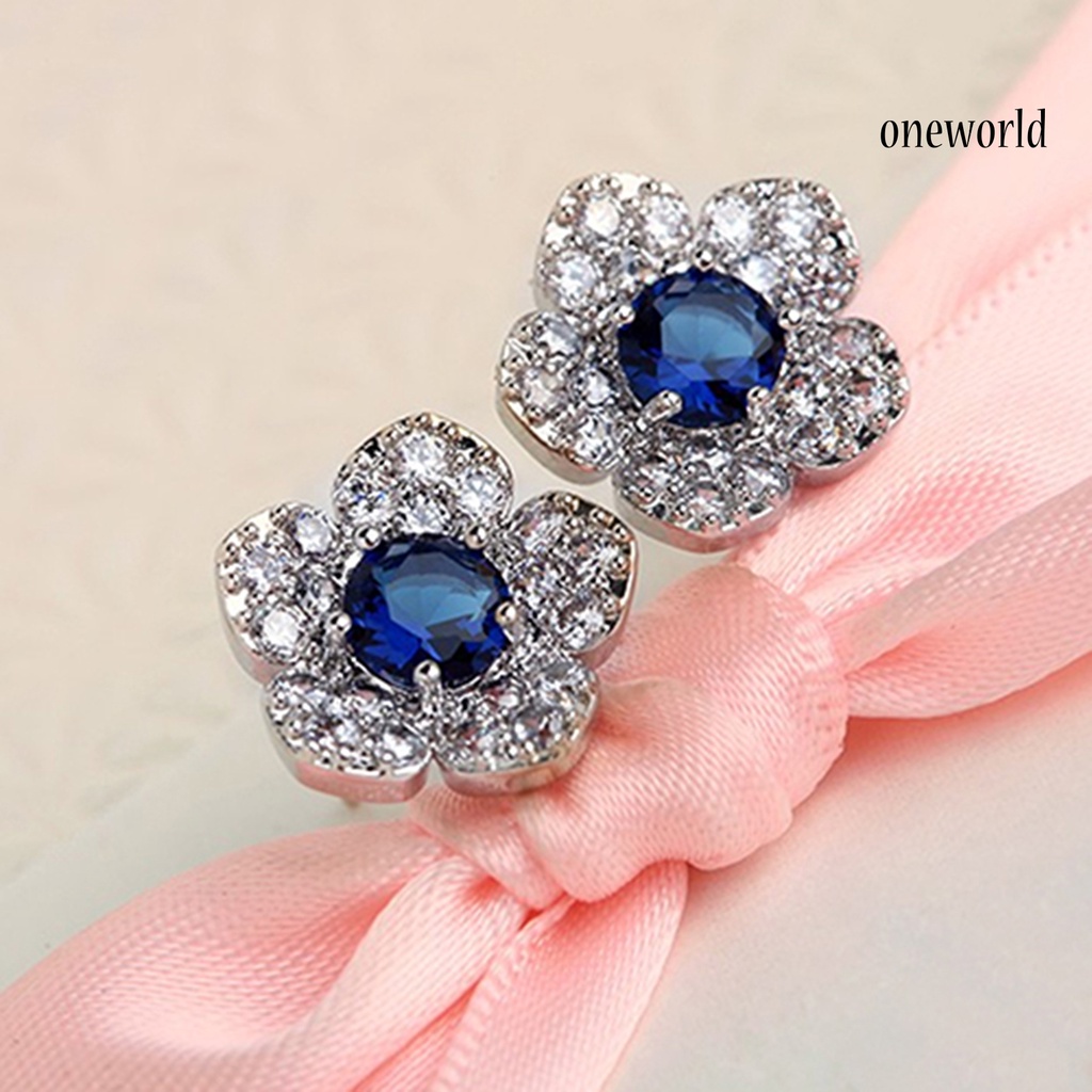 OW@ Earrings Flower Shape Design Charming Alloy Rhinestones Inlaid Ear Studs for Women