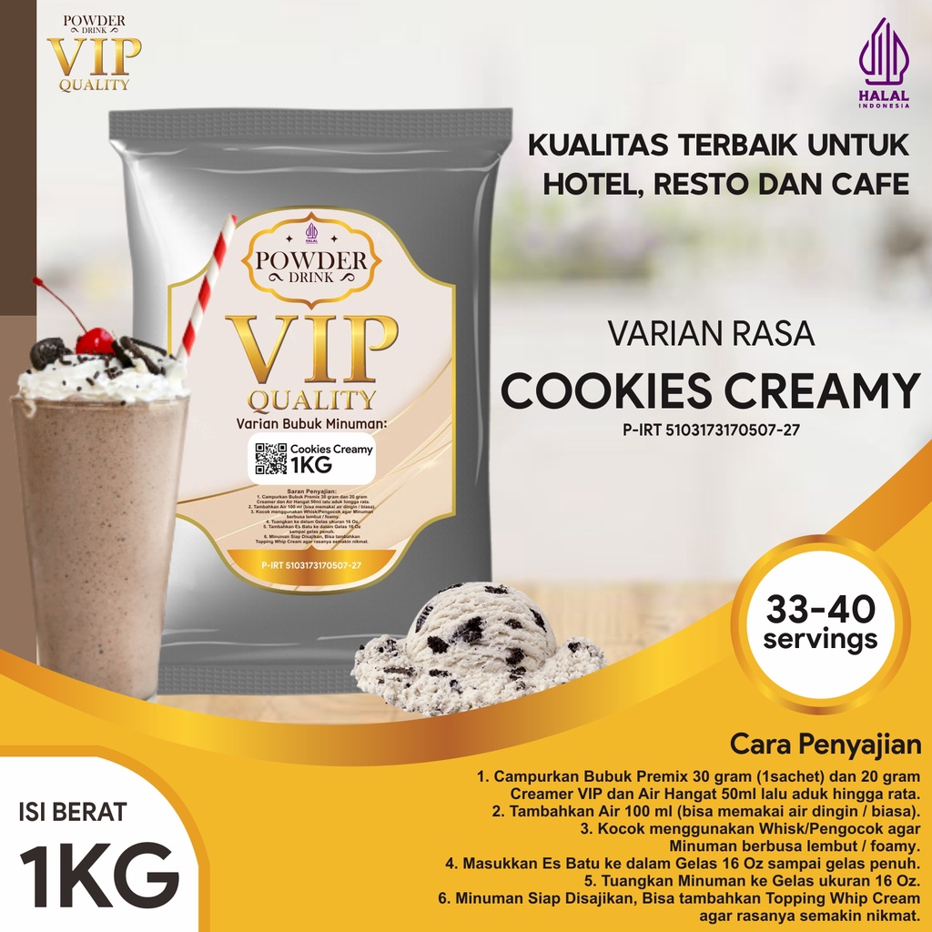 

Bubuk Minuman Kualitas VIP Rasa Cookies Creamy 1 Kg Cookies Cream Bubuk Minuman Kelas VIP Boba Drink Powder