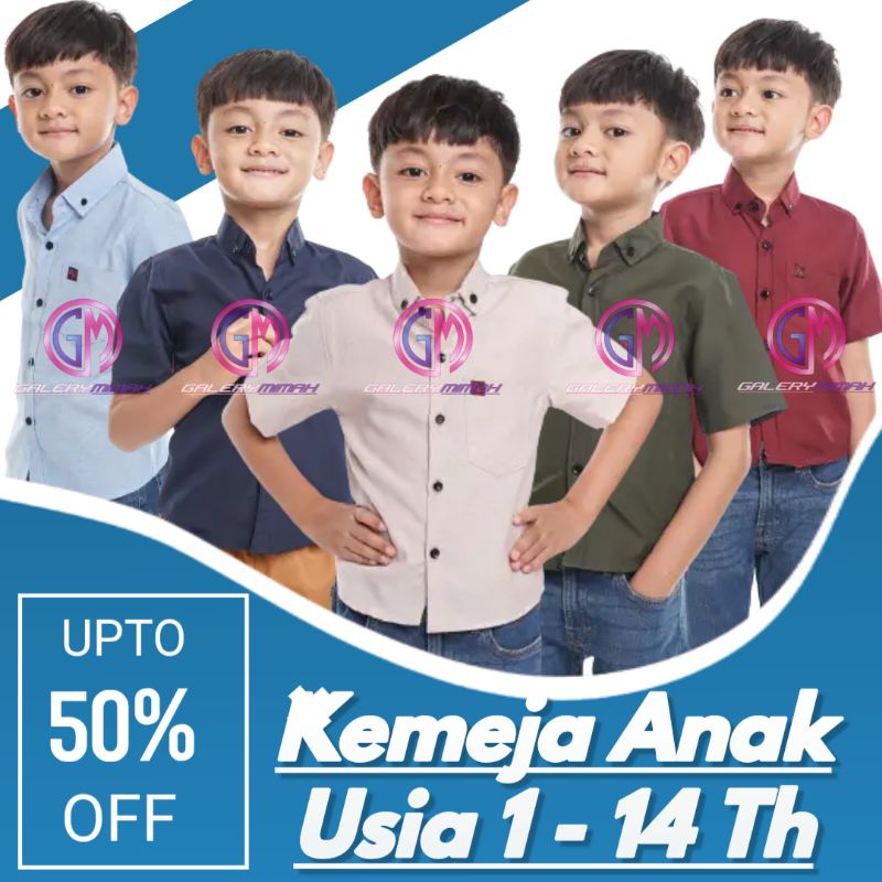 Baju Kemeja Anak Laki Laki Polos Lengan Pendek Warna Hitam Putih Pink Cream Hijau Army Tosca Maroon 