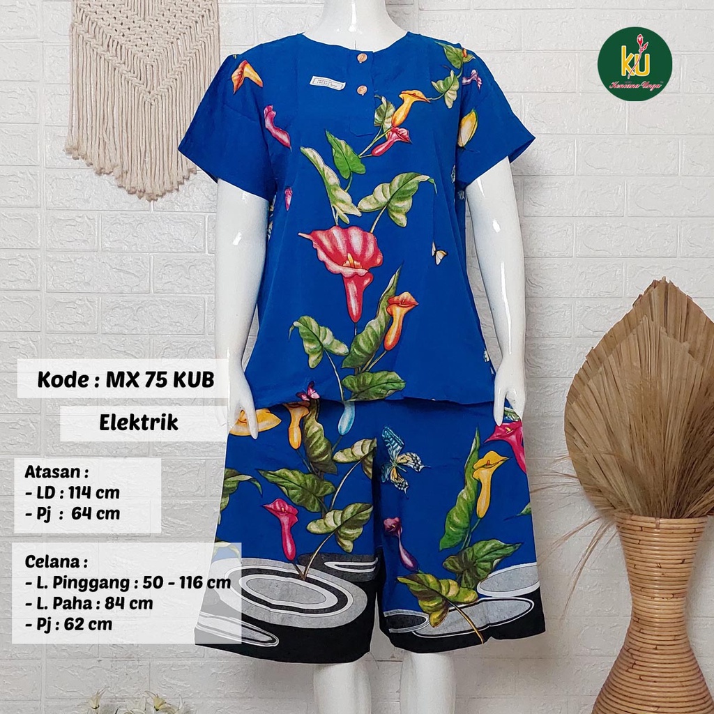 Bisa COD MX75 KUB | Setelan Kulot Celana Pendek Batik Kencana Ungu Asli Label Biru | Baju Santai Piyama Tidur Wanita Kancing Depan Busui Friendly Motif Terbaru-Elektrik A