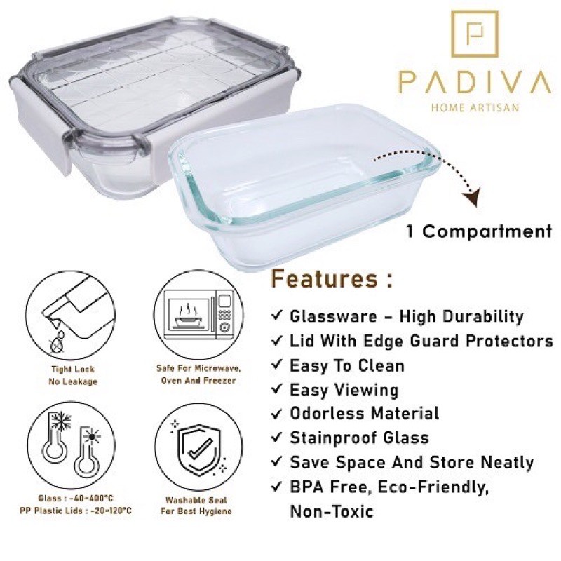 Padiva 640ml (2pcs) Glassbox 1 compartment