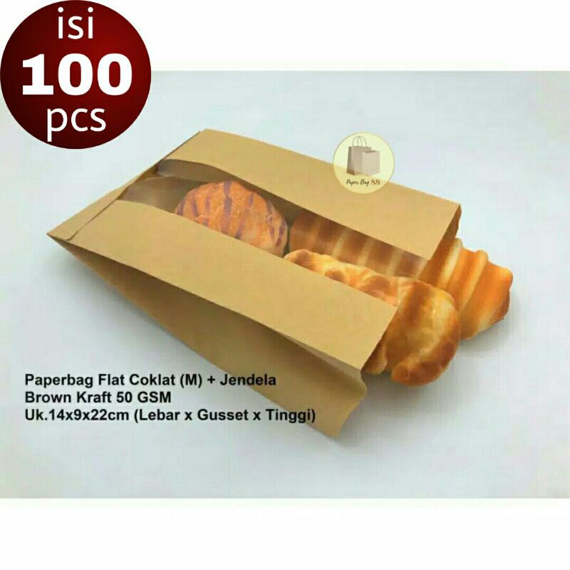 

Paperbag Kantong Kertas Roti Jendela Coklat M 14x9x22 cm (isi 100 pcs)