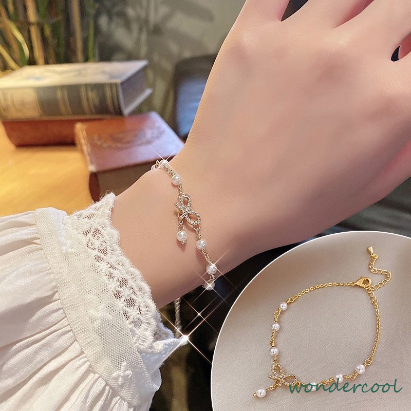 Gelang Korea Fashion Busur Mutiara Hias Berlian Imitasi Bangle Liar Aksesoris Fashion-Won