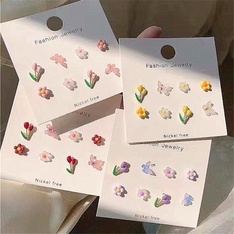 4 Pasang / Set Anting Stud Desain Bunga Butterfly Warna-Warni Gaya Korea Untuk Aksesoris Perhiasan Wanita