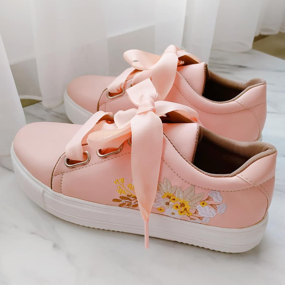 Sepatu Sneakers Keds Wanita Anak Peach Bunga Embroidery