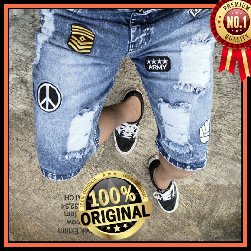 CELANA PENDEK JEANS SOBEK BORDIR LOGO EMBLEM RIPPED PRIA SKINNY STRECHT MELAR DISTRO ORIGINAL