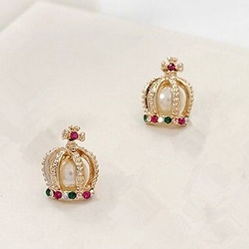 Anting Model Ear Stud Berhias Mutiara Imitasi Warna-warni Bentuk Mahkota Putri