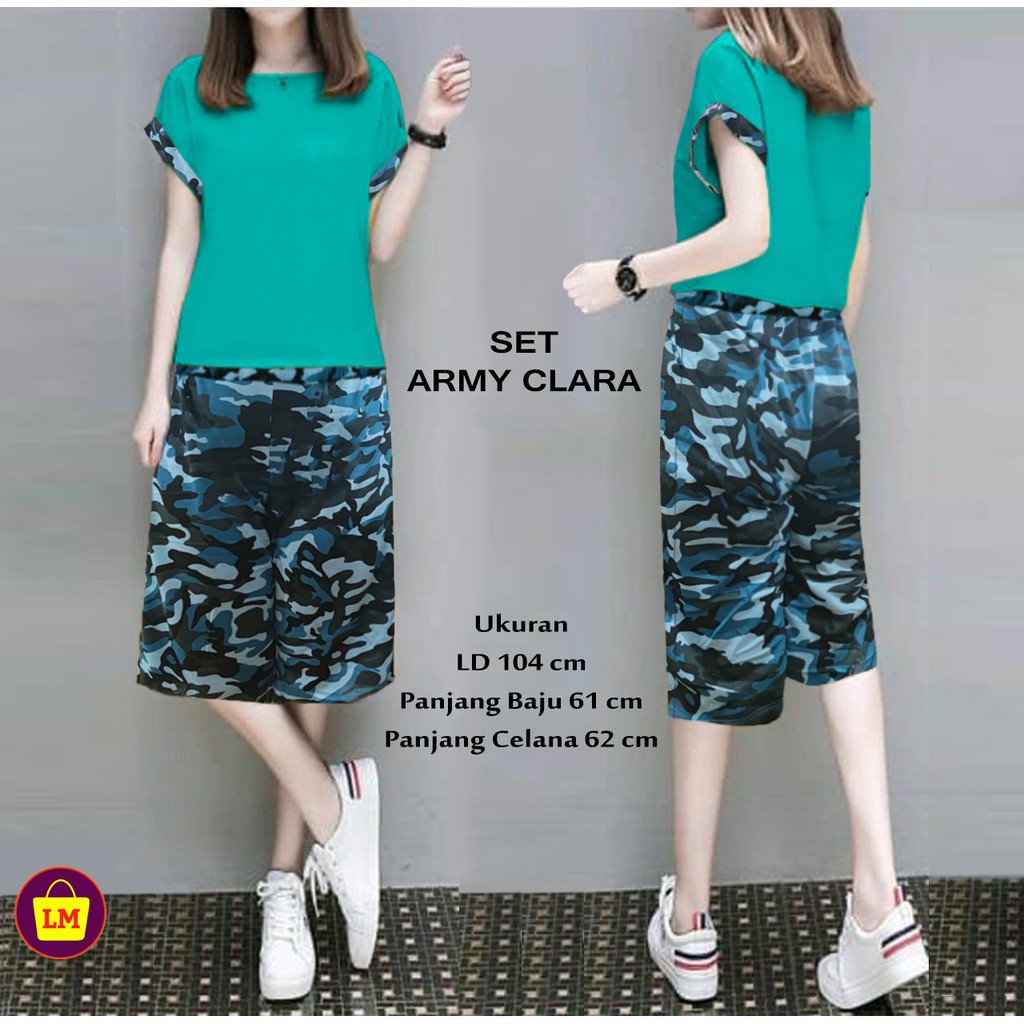 TERMURAH Baju Setelan Pakaian Wanita SET ARMY CLARA Motif Loreng Tentara Trendy Terkini LMS 20255