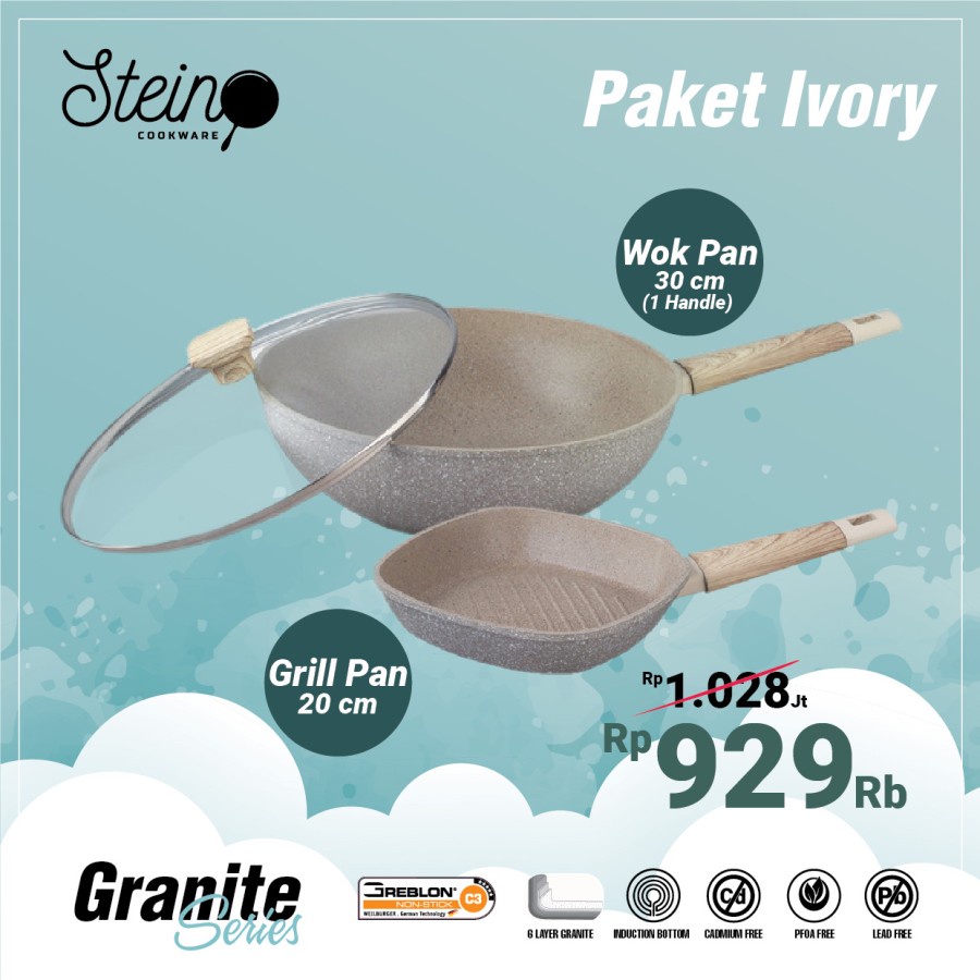 Wok Pan 30cm Steincookware Paket IVORY Set Grill Pan 20cm Stein Onyx Penggorengan Stein Cookware Panggangan Induksi Presto